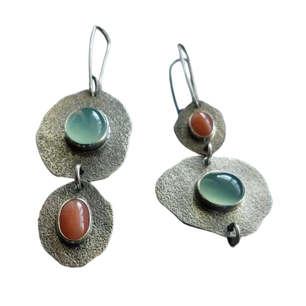 Boho Silver Asymmetrical with Stone Drop Earrings